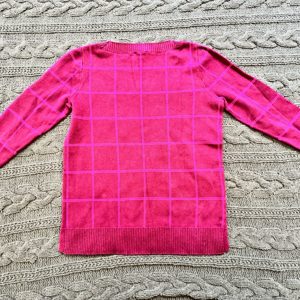 LOFT Fuchsia Checkered Crew Neck Sweater (Small) - Picture 4 of 6